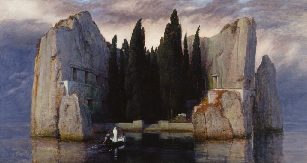 Isle of the Dead (German: Die Toteninsel) is the best-known painting of Swiss Symbolist artist Arnold Böcklin (1827–1901): it depicts a funeral boat approaching an ancient looking rock island with tall walls in a semi-circle and cyprus pines in the middle.
