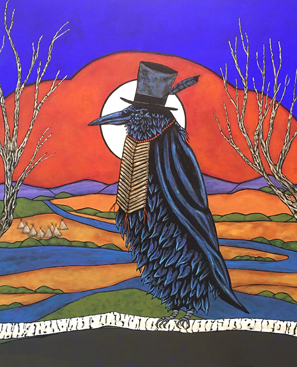 painting of a raven wearing a top hat with indigenous armor in a southwest mode with a full moon behind it, by John Schuster
