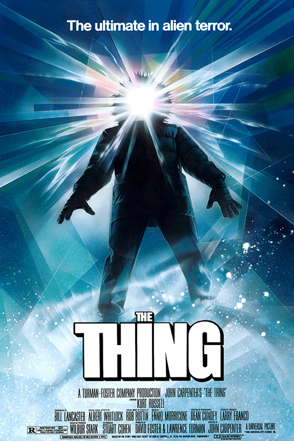 Poster cover for John Carpenter's The THING. A human silhouette wearing a thick coat and hood stands against a white background. Beams of white emanate from the hood opening, obscuring its identity.